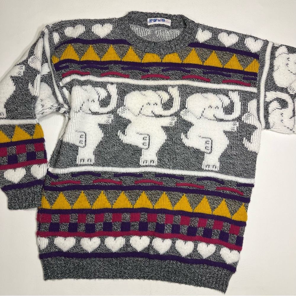 Vintage 80s Dancing Elephant Sweater Unique Colorful Animal Circus Knit - Picture 9 of 9
